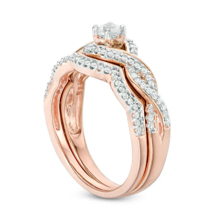 Goldia Rings 050 CT TW Natural Diamond Bypass Frame Twist Bridal Engagement Ring Set in Solid 10K Rose Gold