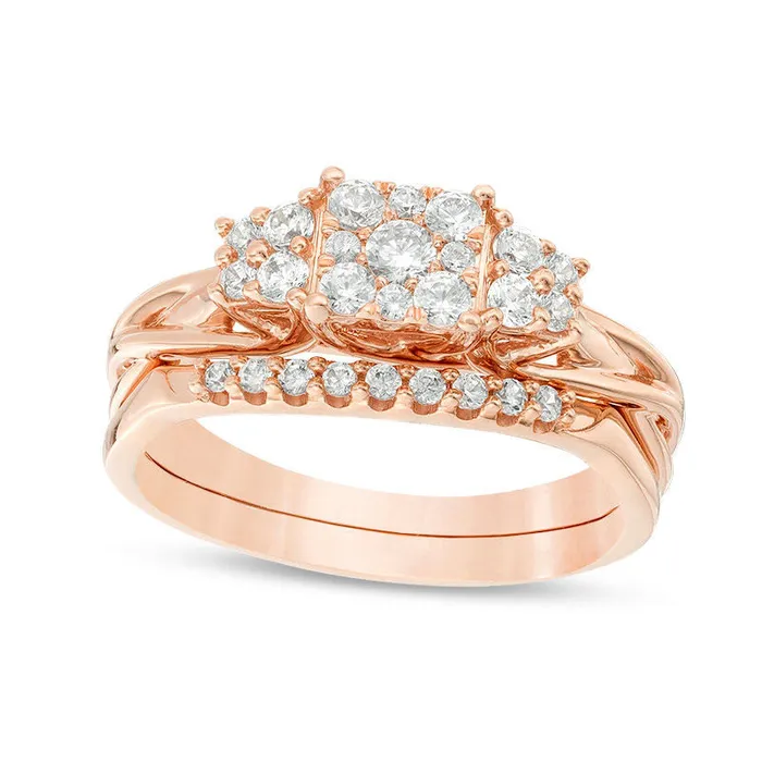 Goldia Rings 050 CT TW Natural Diamond Square Frame QuadSides Bridal Engagement Ring Set in Solid 14K Rose Gold