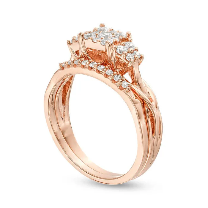 Goldia Rings 050 CT TW Natural Diamond Square Frame QuadSides Bridal Engagement Ring Set in Solid 14K Rose Gold