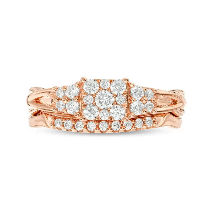 Goldia Rings 050 CT TW Natural Diamond Square Frame QuadSides Bridal Engagement Ring Set in Solid 14K Rose Gold