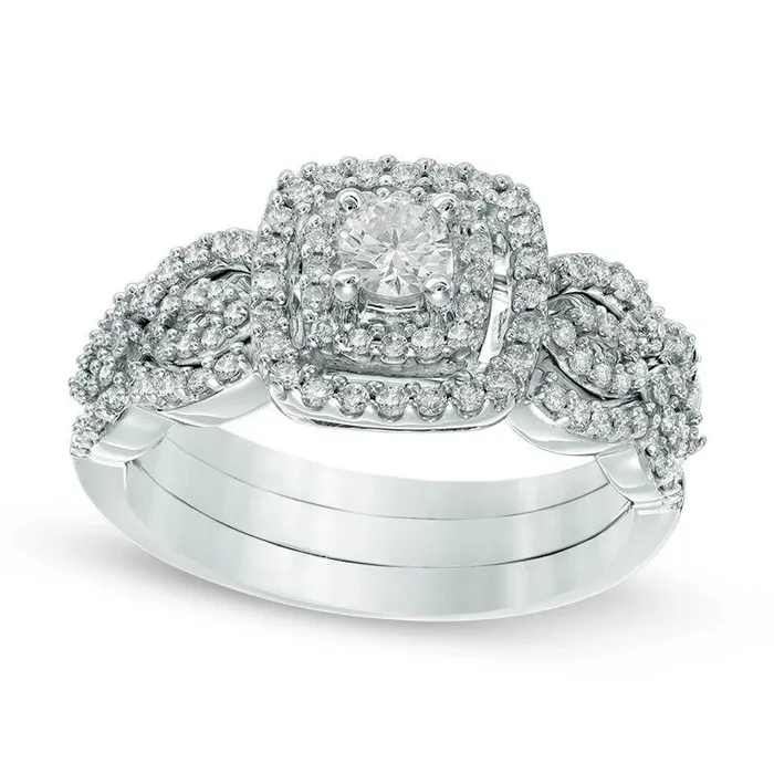 Goldia Rings 063 CT TW Natural Diamond Double Frame Bridal Engagement Ring Set in Solid 10K White Gold