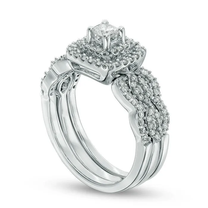 Goldia Rings 063 CT TW Natural Diamond Double Frame Bridal Engagement Ring Set in Solid 10K White Gold
