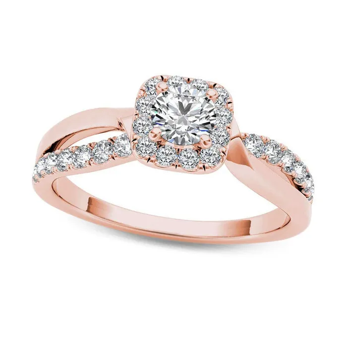 Goldia Rings 075 CT TW Natural Diamond Square Frame Split Shank Engagement Ring in Solid 14K Rose Gold