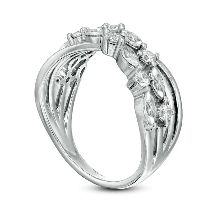 Goldia Rings 10 CT TW Marquise and Round Natural Diamond Alternating Crossover Ring in Solid 10K White Gold