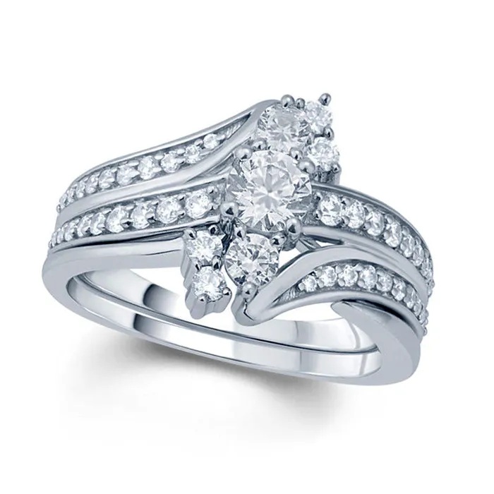 Goldia Rings 10 CT TW Natural Diamond Bypass Three Stone Bridal Engagement Ring Set in Solid 10K White Gold