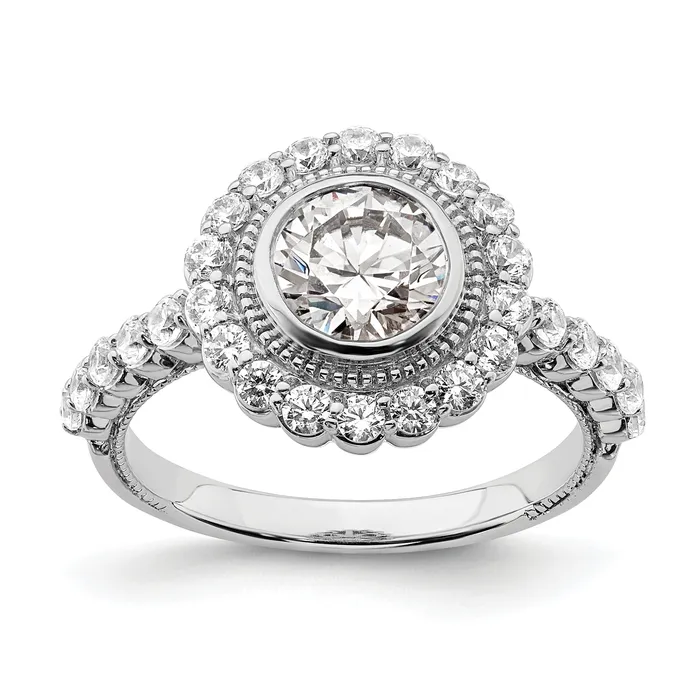 Goldia Rings 100ct CZ Solid Real 14k White Polish Halo 1ct Round Bezel Dia Ring