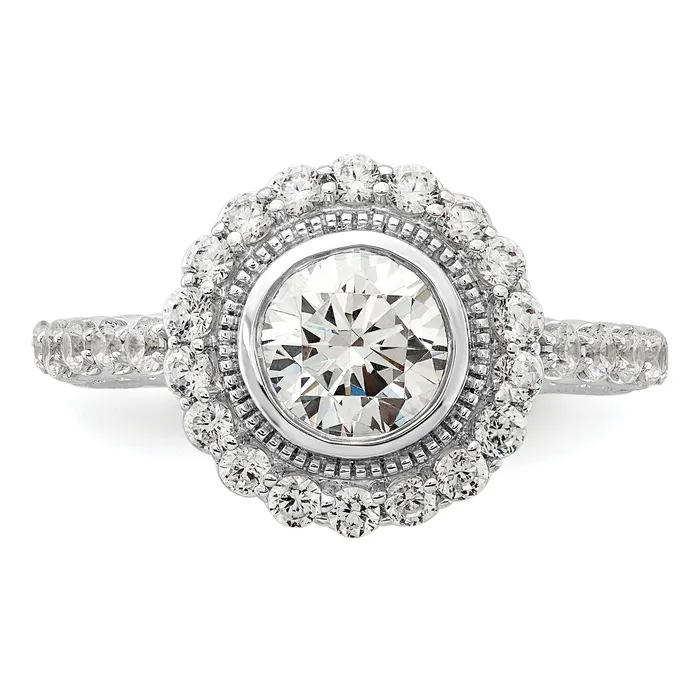 Goldia Rings 100ct CZ Solid Real 14k White Polish Halo 1ct Round Bezel Dia Ring