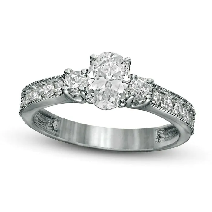 Goldia Rings 117 CT TW Oval and Round Natural Diamond Three Stone Engagement Ring in Solid 14K White Gold