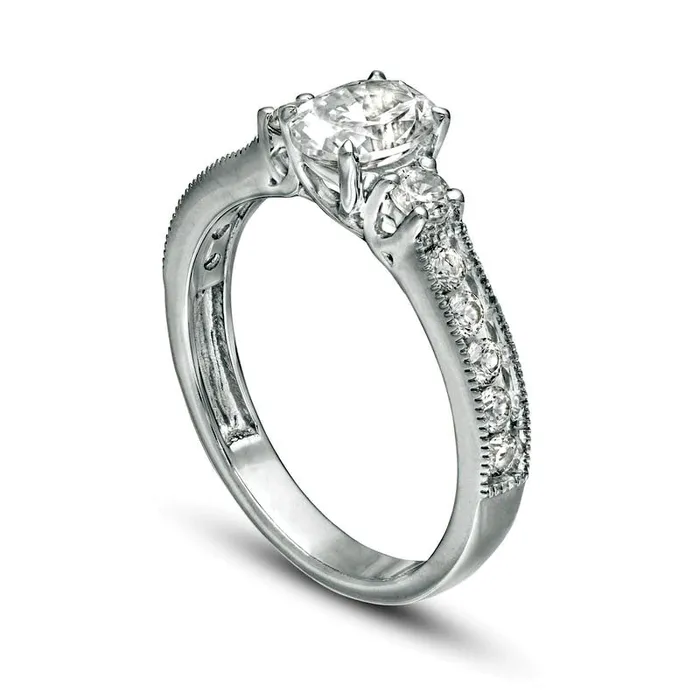 Goldia Rings 117 CT TW Oval and Round Natural Diamond Three Stone Engagement Ring in Solid 14K White Gold