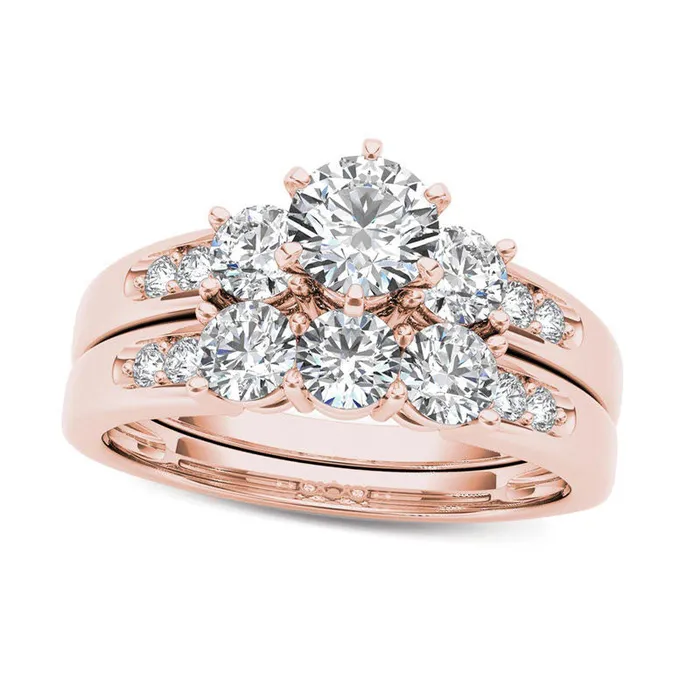 Goldia Rings 15 CT TW Natural Diamond Three Stone Bridal Engagement Ring Set in Solid 14K Rose Gold
