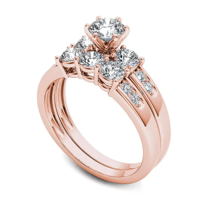 Goldia Rings 15 CT TW Natural Diamond Three Stone Bridal Engagement Ring Set in Solid 14K Rose Gold