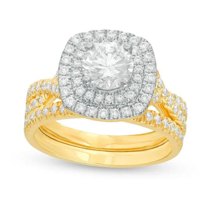 Goldia Rings 163 CT TW Natural Diamond Double Cushion Frame Twist Shank Bridal Engagement Ring Set in Solid 14K Gold