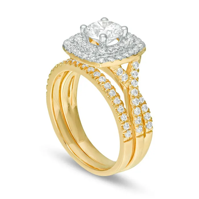 Goldia Rings 163 CT TW Natural Diamond Double Cushion Frame Twist Shank Bridal Engagement Ring Set in Solid 14K Gold