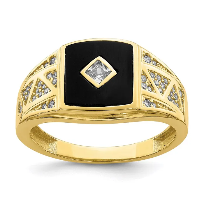Goldia Rings 10K Yellow Gold CZ and Onyx MenS Ring