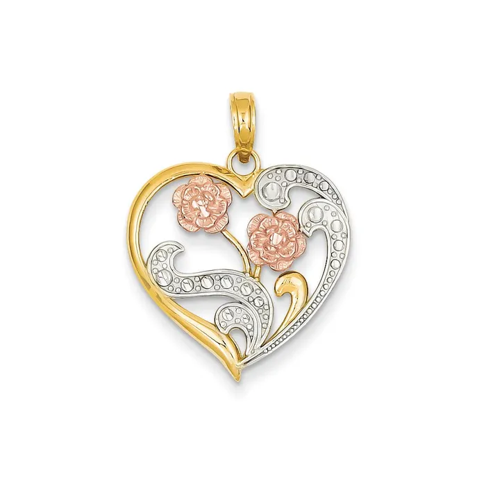 Goldia Rings 14k Twotone Gold Rhodium Flowers on Cutout Heart Pendant