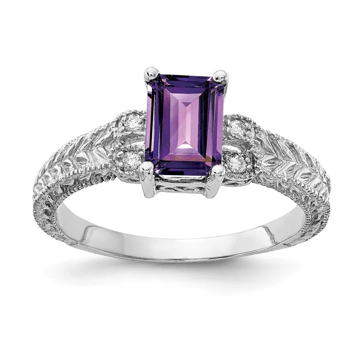 Goldia Rings 14k White Gold 7x5mm Emerald Cut Amethyst VS Diamond ring