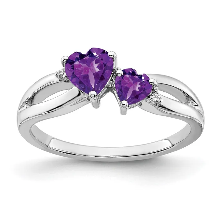 Goldia Rings 14k White Gold Amethyst and Real Diamond 2stone Heart Ring