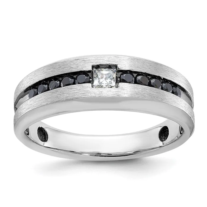 Goldia Rings 14k White Gold with Black Rhodium Mens Polished and Brushed Black and White Diamond Complete Ring
