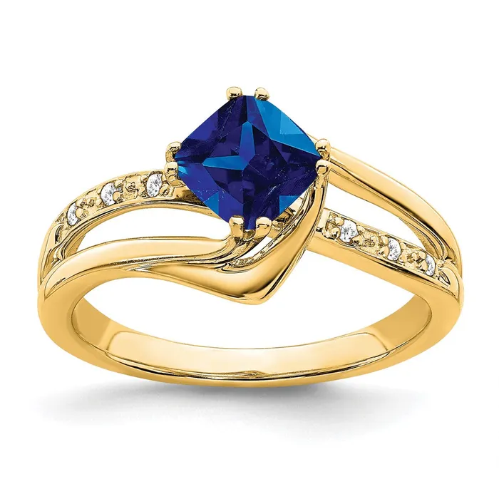 Goldia Rings 14K Yellow Gold Created Sapphire and Real Diamond Ring