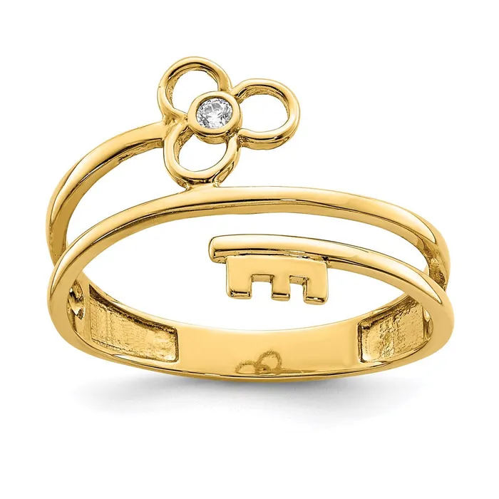 Goldia Rings 14K Yellow Gold CZ Key and Flower Ring