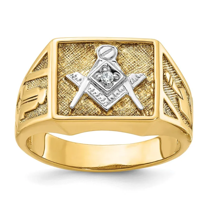 Goldia Rings 14k Yellow u0026 Rhodium Gold with White Rhodium Mens Polished and Textured Diamond Blue Lodge Master Masonic Ring