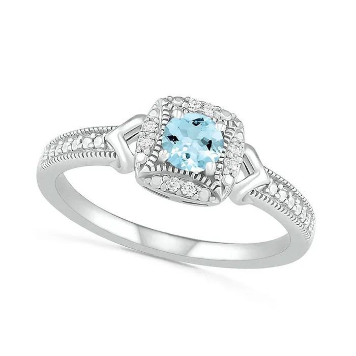 Goldia Rings 40mm Aquamarine and 005 CT TW Natural Diamond Cushion Frame Chevron Side Accent Antique VintageStyle Ring in Sterling Silver