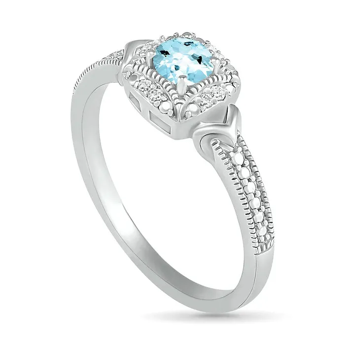 Goldia Rings 40mm Aquamarine and 005 CT TW Natural Diamond Cushion Frame Chevron Side Accent Antique VintageStyle Ring in Sterling Silver