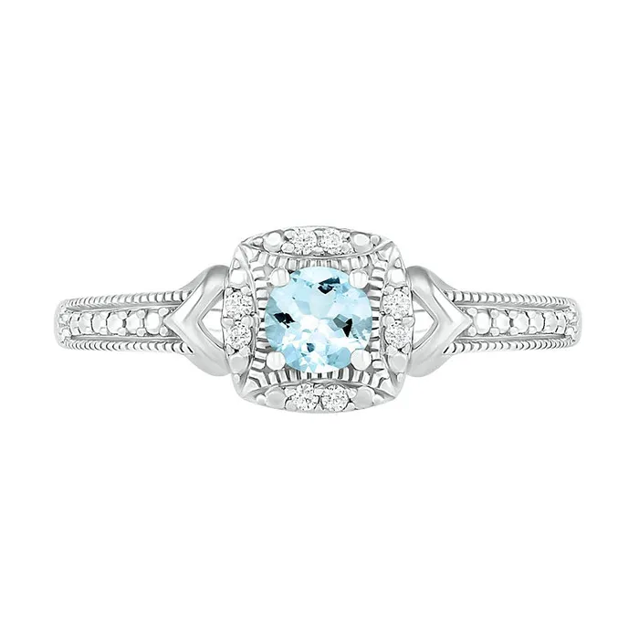 Goldia Rings 40mm Aquamarine and 005 CT TW Natural Diamond Cushion Frame Chevron Side Accent Antique VintageStyle Ring in Sterling Silver