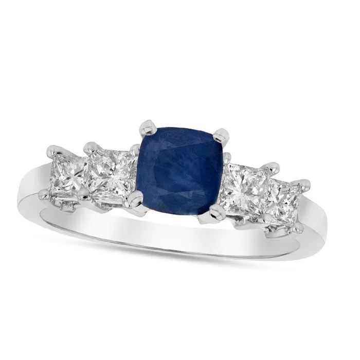 Goldia Rings 50mm CushionCut Blue Sapphire and 063 CT TW PrincessCut Natural Diamond Engagement Ring in Solid 14K White Gold