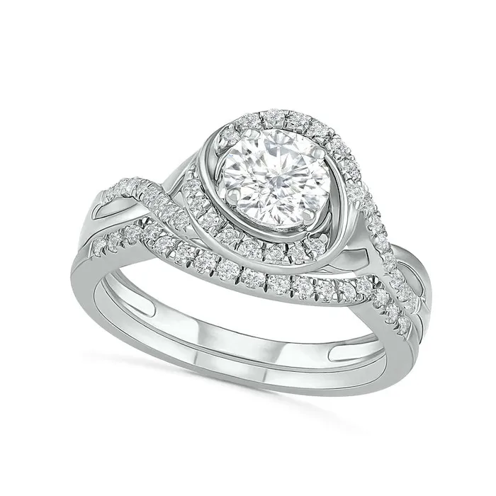 Goldia Rings 60mm White LabCreated Sapphire Swirl Frame Twist Split Shank Bridal Engagement Ring Set in Sterling Silver