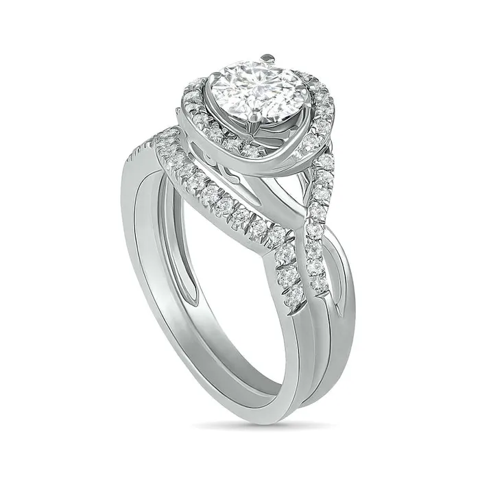 Goldia Rings 60mm White LabCreated Sapphire Swirl Frame Twist Split Shank Bridal Engagement Ring Set in Sterling Silver