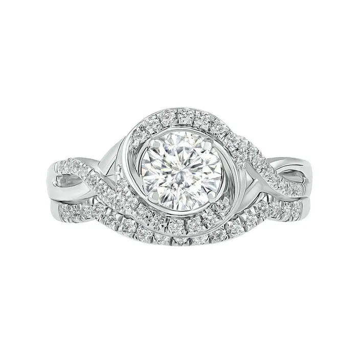 Goldia Rings 60mm White LabCreated Sapphire Swirl Frame Twist Split Shank Bridal Engagement Ring Set in Sterling Silver