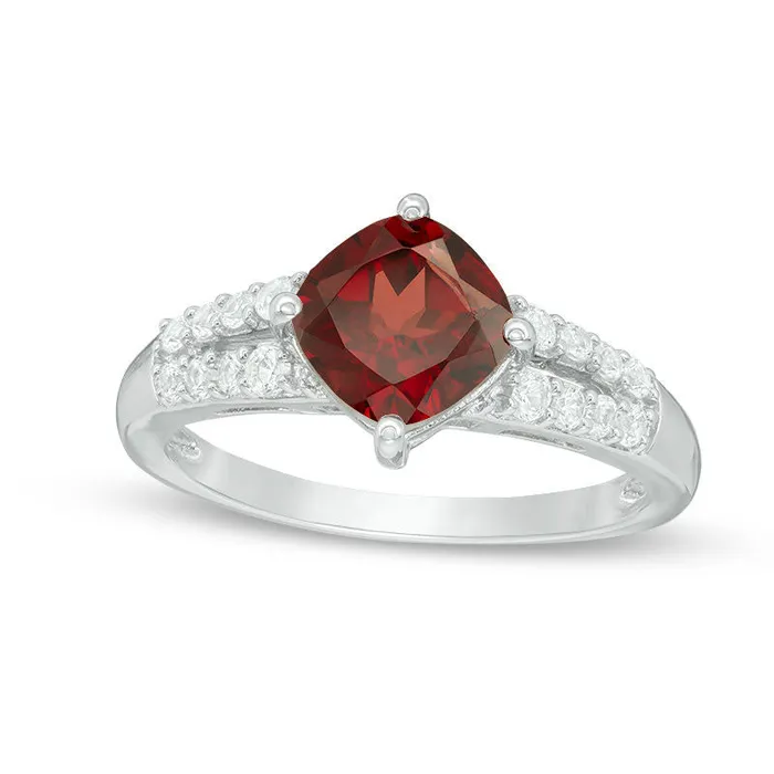 Goldia Rings 70mm CushionCut Garnet and LabCreated White Sapphire Split Shank Ring in Sterling Silver