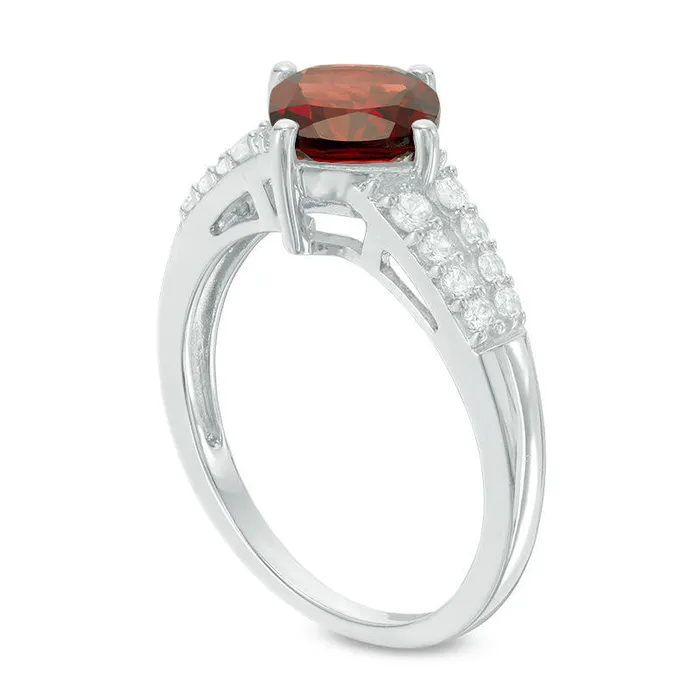 Goldia Rings 70mm CushionCut Garnet and LabCreated White Sapphire Split Shank Ring in Sterling Silver