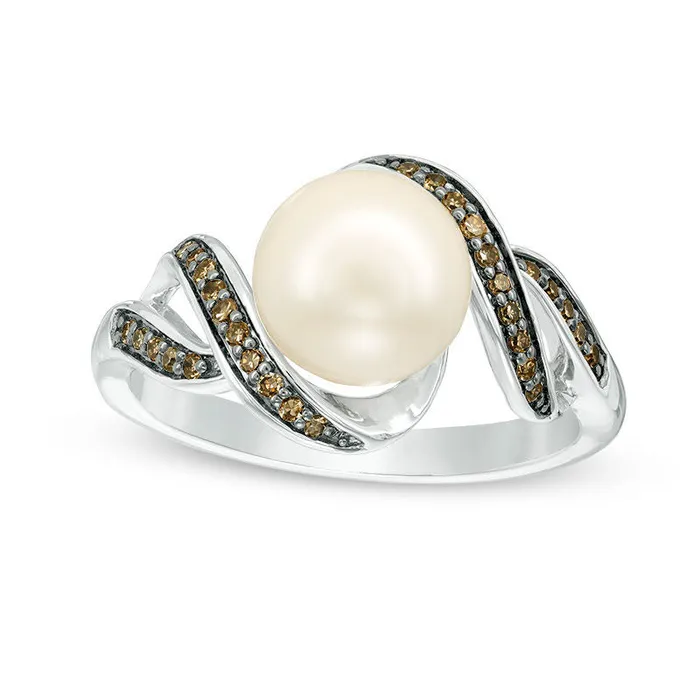 Goldia Rings 80mm Baroque Cultured Freshwater Pearl and 013 CT TW Champagne Natural Diamond Twist Ring in Sterling Silver Size 7