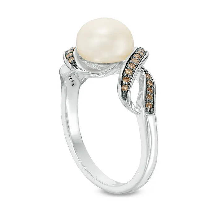 Goldia Rings 80mm Baroque Cultured Freshwater Pearl and 013 CT TW Champagne Natural Diamond Twist Ring in Sterling Silver Size 7