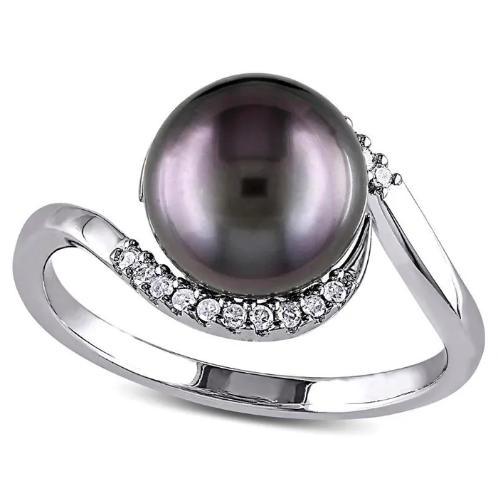 Goldia Rings 90 95mm Black Cultured Tahitian Pearl and 007 CT TW Natural Diamond Bypass Ring in Sterling Silver