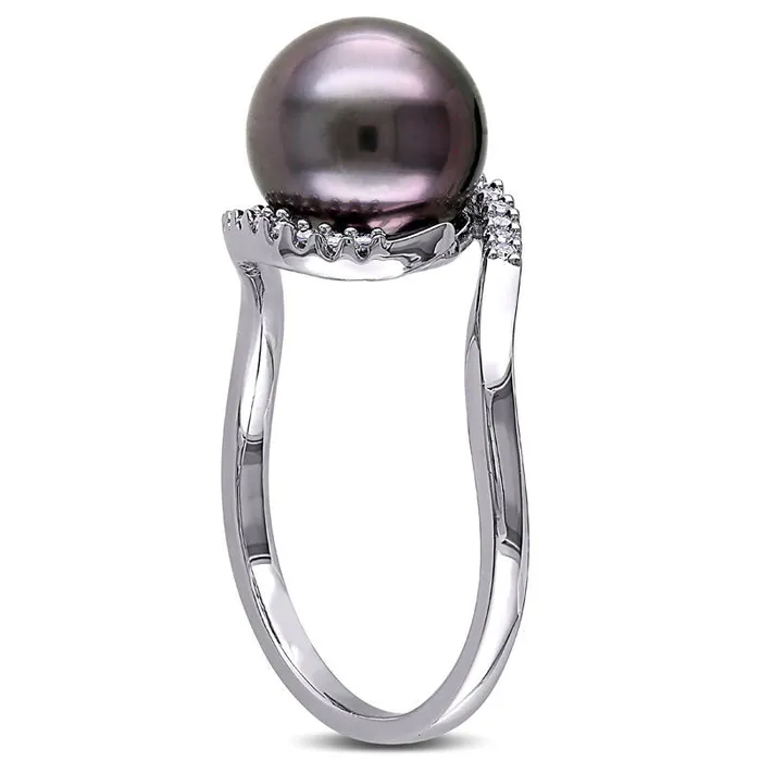 Goldia Rings 90 95mm Black Cultured Tahitian Pearl and 007 CT TW Natural Diamond Bypass Ring in Sterling Silver