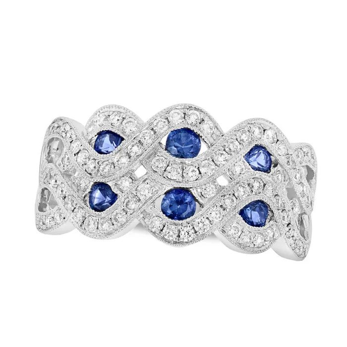 Goldia Rings Blue Sapphire and 050 CT TW Natural Diamond Double Row Twist Ring in Solid 14K White Gold
