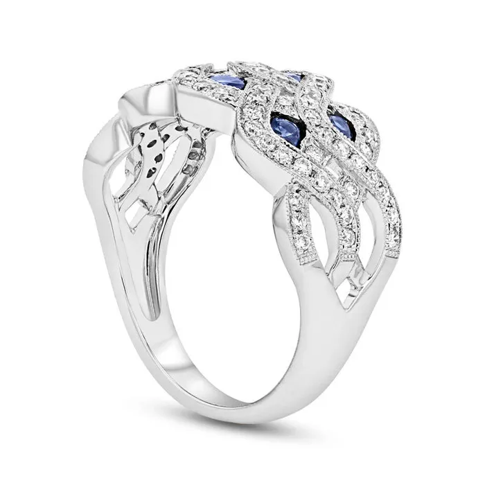 Goldia Rings Blue Sapphire and 050 CT TW Natural Diamond Double Row Twist Ring in Solid 14K White Gold