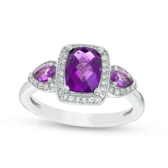 Goldia Rings CushionCut Amethyst and LabCreated White Sapphire Three Stone Frame Ring in Sterling Silver