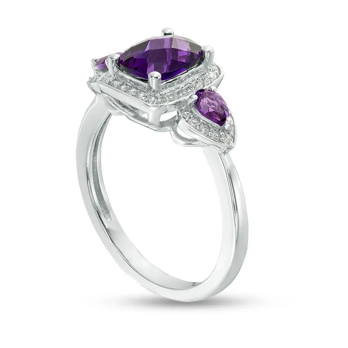 Goldia Rings CushionCut Amethyst and LabCreated White Sapphire Three Stone Frame Ring in Sterling Silver