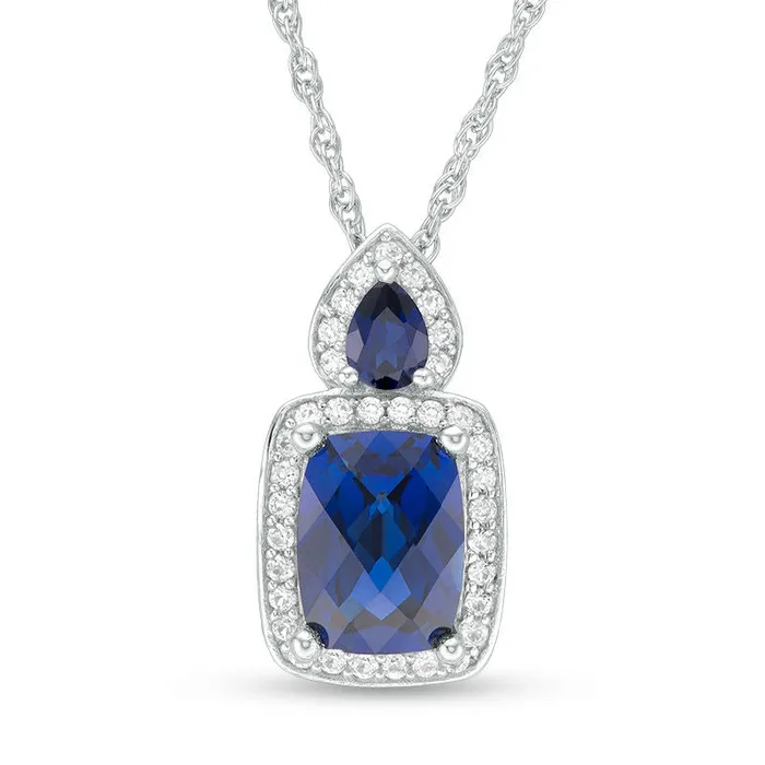 Goldia Rings CushionCut LabCreated Blue and White Sapphire Frame Pendant in Sterling Silver