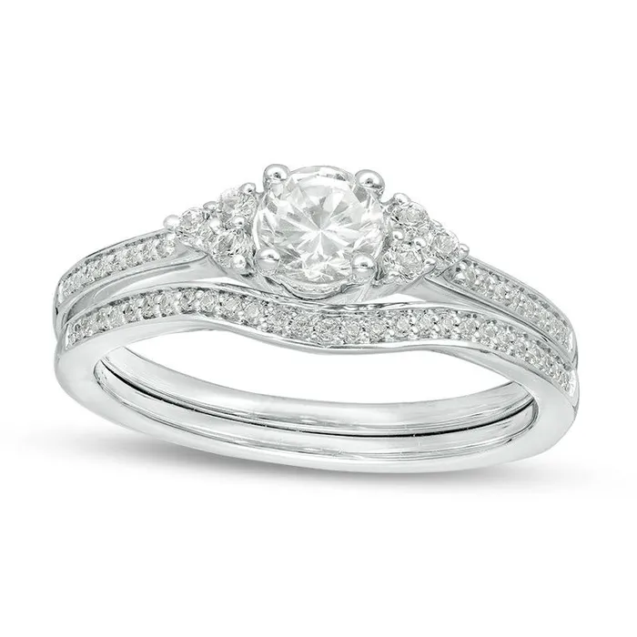 Goldia Rings LabCreated White Sapphire and 010 CT TW Diamond TriSides Bridal Engagement Ring Set in Sterling Silver