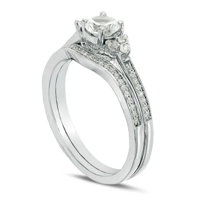 Goldia Rings LabCreated White Sapphire and 010 CT TW Diamond TriSides Bridal Engagement Ring Set in Sterling Silver