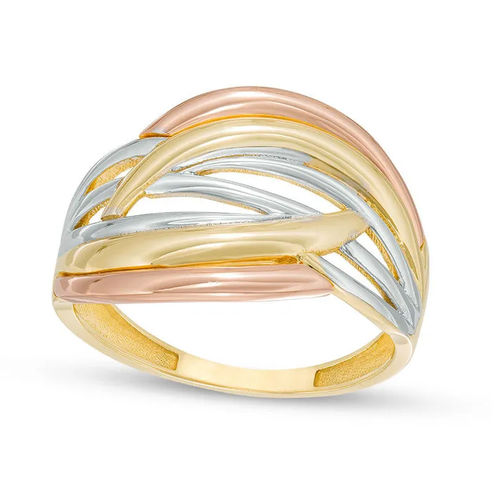 Goldia Rings Layered Crossover Ring in Solid 10K TriTone Gold Size 7