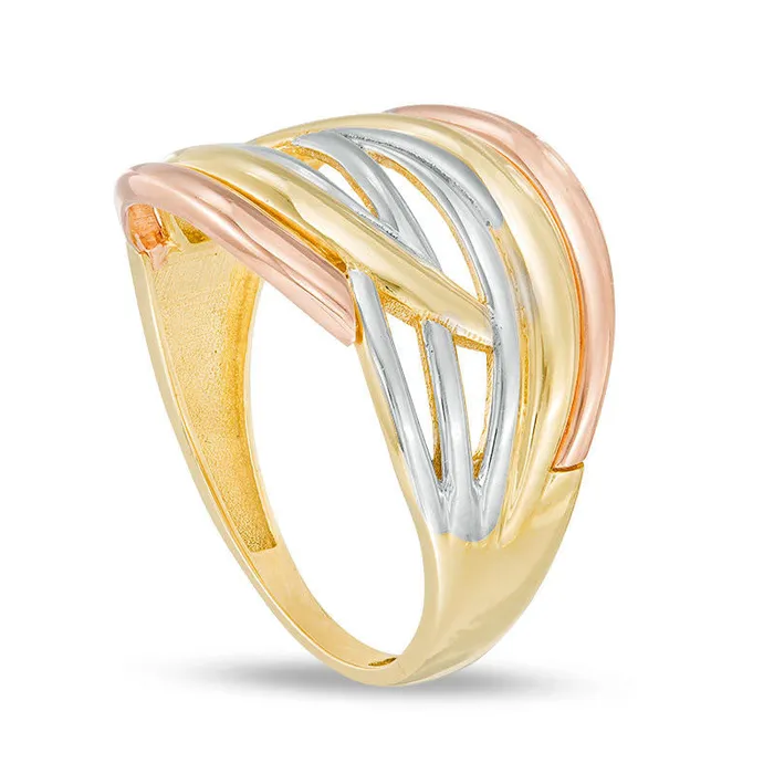 Goldia Rings Layered Crossover Ring in Solid 10K TriTone Gold Size 7