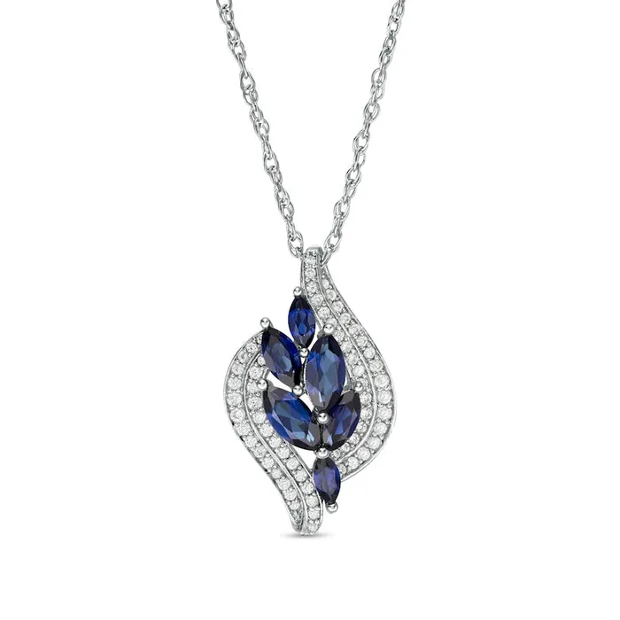 Goldia Rings Marquise LabCreated Blue and White Sapphire Leaf Cluster Double Bypass Frame Pendant in Sterling Silver