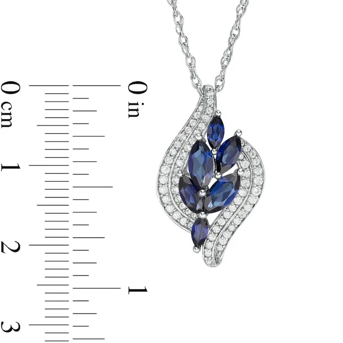 Goldia Rings Marquise LabCreated Blue and White Sapphire Leaf Cluster Double Bypass Frame Pendant in Sterling Silver