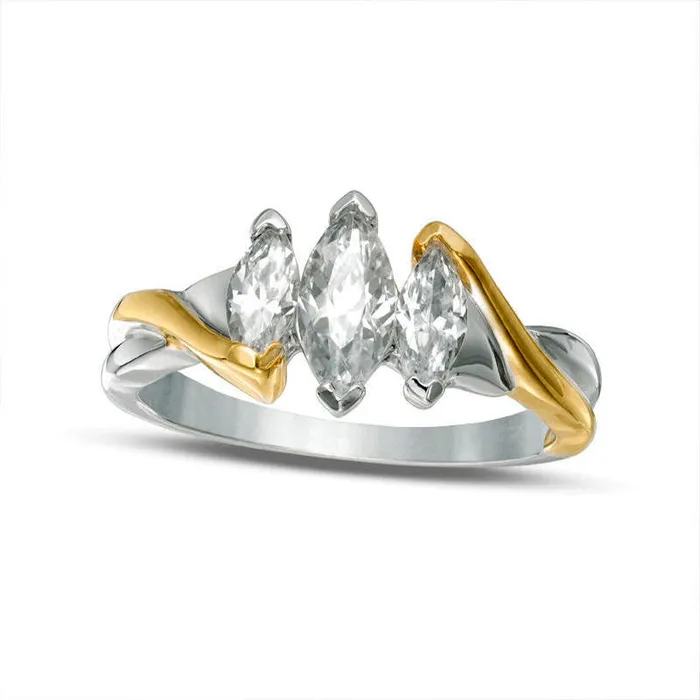Goldia Rings Marquise LabCreated White Sapphire Three Stone Engagement Ring in Sterling Silver and Solid 10K Yellow Gold